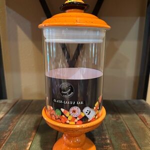 Orange Glass Candy Jar with Halloween Witch’s Hat
